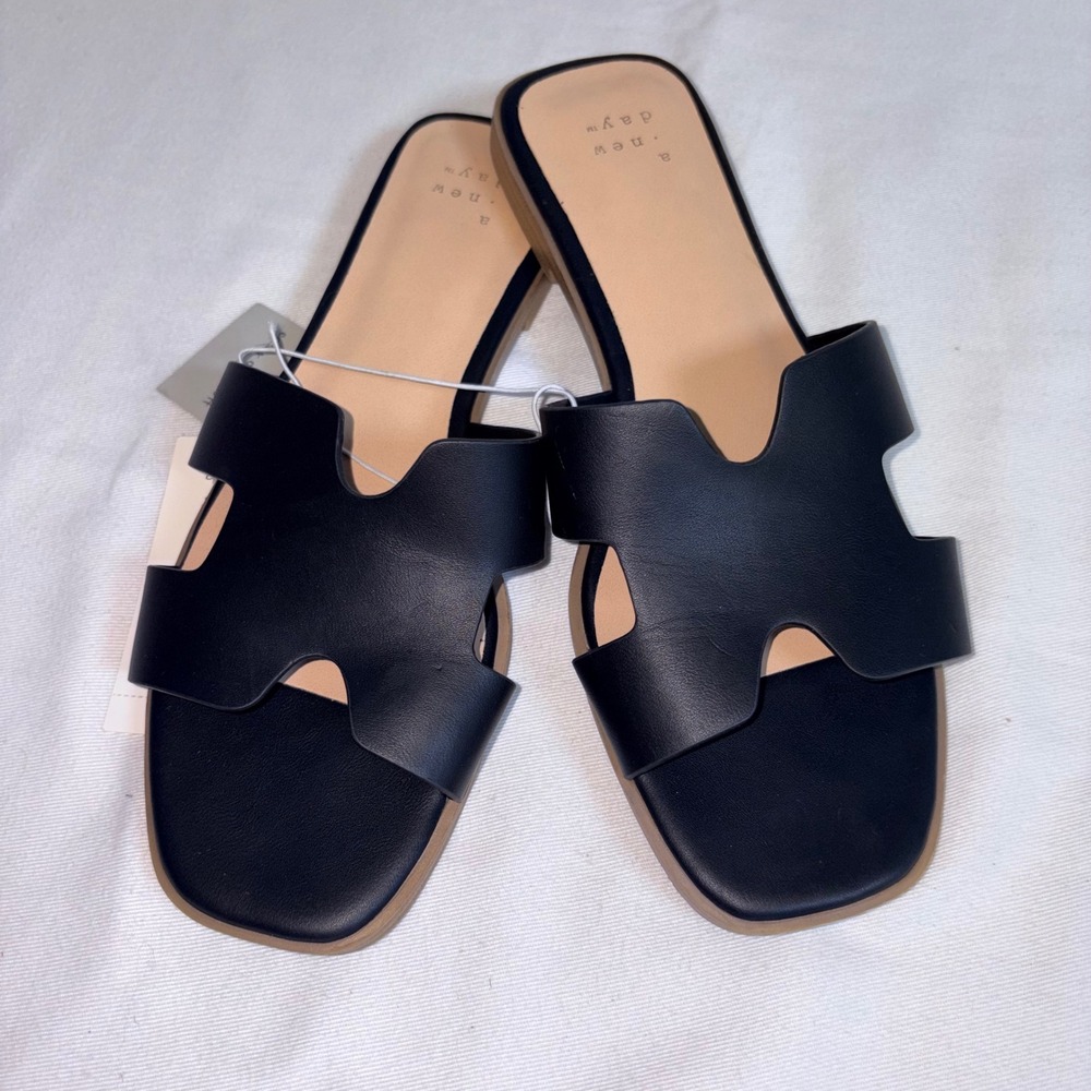 A New Day Nina Slide Sandals 6.5 Black new H-Band Square Toe Flat Slip On